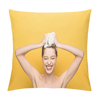 Personality  Cheerful Girl Smiling With Closed Eyes While Washing Hair On Yellow Background Pillow Covers