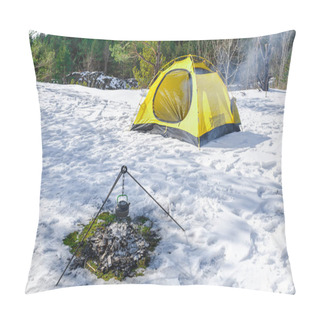 Personality  Campfire And Tent In Wilderness, Snow On The Ground Pillow Covers