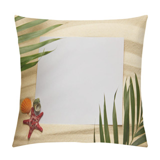 Personality  Top View Of Green Palm Leaves Near Blank Placard, Starfish And Shells On Sand Pillow Covers