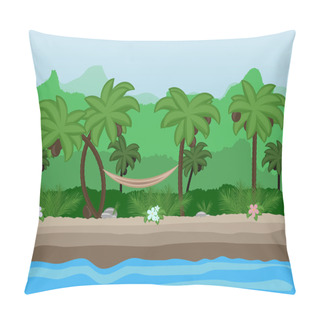 Personality  Vector Seamless Cartoon Nature Landscape, Unending Tropical Background With Beach With Palm Trees, Coconuts, Exotic Flowers And Multiple Levels Mountains Pillow Covers