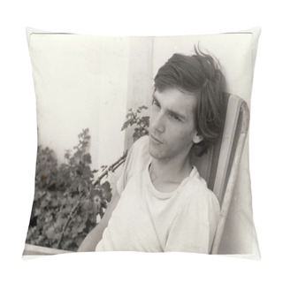 Personality  Vintage Photo Shows A Teenager Boy Sits On Camping Chair Outdoors.  Retro Black & White  Photography. Pillow Covers