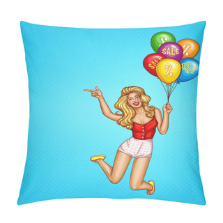 Personality  Vector Pop Art Blonde Woman Jumps With Balloons And Pointing Finger, Blue Dotted Background. Sale, Discount Illustration. Promo Banner, Advertising Poster. Ad Template With Happy Girl, Teenage. Pillow Covers