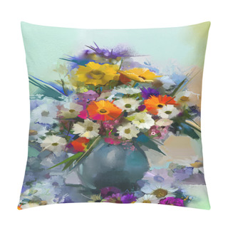 Personality  Oil Painting Flowers In Vase. Hand Paint  Still Life Bouquet Of White,Yellow And Orange Sunflower, Gerbera, Daisy Flowers.  Pillow Covers