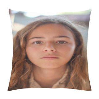 Personality  Portrait Of A Serious Young Girl With Brown Eyes. Sad Teenager Girl Looking Directly At The Camera Pillow Covers