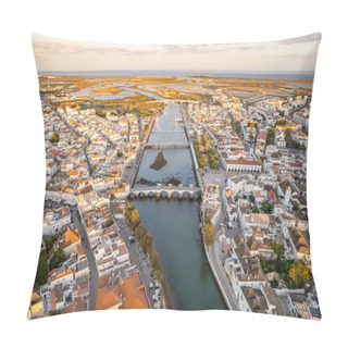 Personality  City Center Of The Tavira Town In Morning Sunlight, Portugal. Aerial View Of The Tavira Old Town At Sunrise, Algarve Region, Portugal. Central Square, Ponte Romana Bridge And Historic Buildings. Pillow Covers