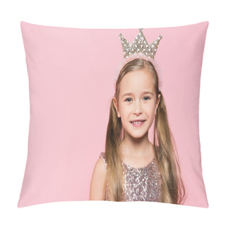 Personality  Happy Little Girl In Crown Smiling Isolated On Pink  Pillow Covers
