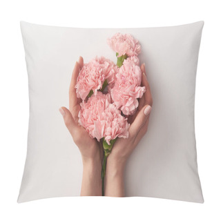 Personality  Partial View Of Woman Holding Beautiful Pink Carnation Flowers Isolated On Grey  Pillow Covers