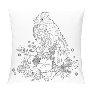 Personality  Cute Christmas Waxwing. Winter Holiday Decoration. Black And White Elements. Traditional Festive Deor For Season Design. Hand Drawn Illustration For Children And Adults, Coloring Books And Tattoo. Pillow Covers