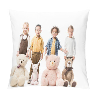 Personality  Happy Multicultural Kids Standing With Teddy Bears And Bunny Toy Pillow Covers