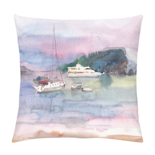 Personality  Watercolor Landscape. The Evening Sun Illuminates The Beautiful Yachts In The Harbor Pillow Covers