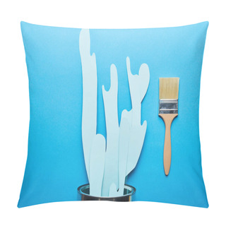 Personality  Top View Of Spilled Paper Cut Blue Paint From Silver Can Near Brush Pillow Covers