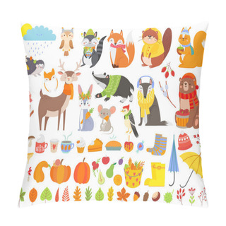 Personality  Autumn Forest Animals. Fall Squirrel, Funny Bear And Cute Autumnal Fox. Fallen Leaves Cartoon Vector Set Pillow Covers