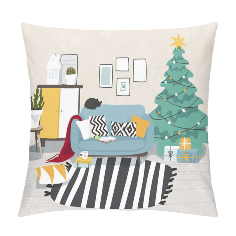 Personality  Christmas home interior decorated for the holiday. Modern room with a sofa and a Christmas tree. Flat stock vector illustration. pillow covers