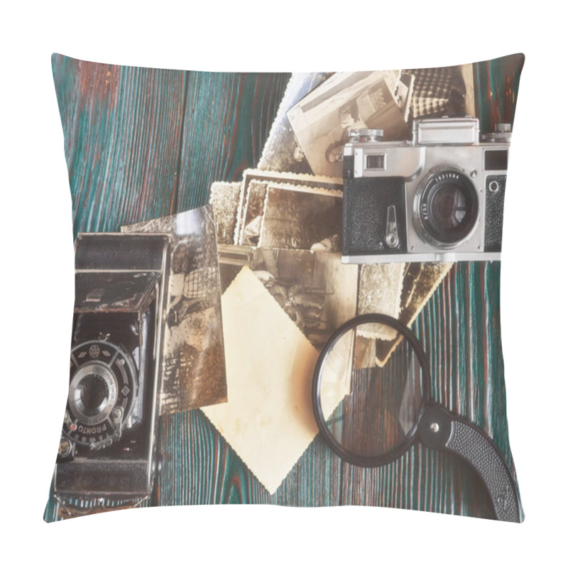 Personality  Three Generations Of A Photo Cameras And Old Photos On Memory. Ancient Authentic Wooden Background Pillow Covers