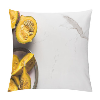 Personality  Top View Of Plate With Ripe Pumpkin Pieces On Marble Surface Pillow Covers