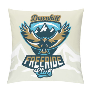 Personality  Logo, Emblem Of An Eagle Flying. Mountains, Rocks. Badges Shield, Lettering. Vector Illustration. Pillow Covers