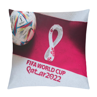 Personality  QATAR, DOHA, 18 JULY, 2022: Official Adidas World Cup Football Ball Al Rihla. And Logo Of FIFA World Cup In Qatar 2022 On Red Carpet. Soccer Sport Background, Edit Space. Qatar 22 Wallpaper. Pillow Covers