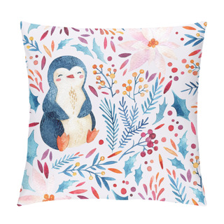 Personality  Watercolor Childish Penguin And Ornate Flowers, Holly, Seeds Seamless Pattern. Cute Penguin Among Detailed Poinsettia, Petals, Leaves, Natural Elements Background. Hand Painted Illustration For Winter Design Pillow Covers