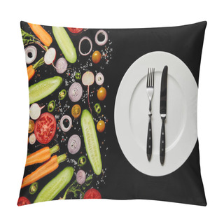 Personality  Top View Of Round Plate With Silver Cutlery Near Vegetable Slices Isolated On Black Pillow Covers