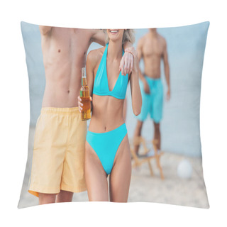 Personality  Cropped View Of Young Man Hugging Girlfriend Holding Bottle Of Beer On Beach Pillow Covers