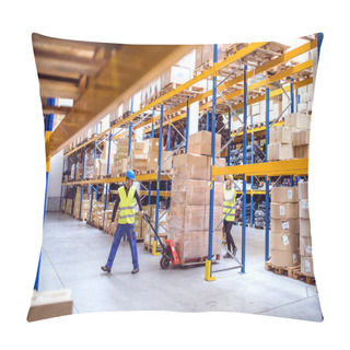 Personality  Warehouse Workers Pulling A Pallet Truck. Pillow Covers