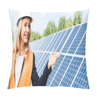 Personality  Panoramic Shot Of Attractive Businesswoman In Hardhat And Safety Vest Pointing With Hand  Pillow Covers
