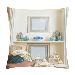 Personality  Interior Of Room With Chair, Picture Frames, Bouquets And Set On Shelf  Pillow Covers