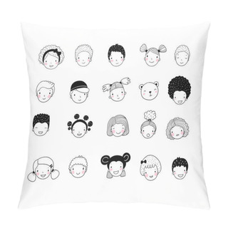 Personality  Faces Of Children. Cute Cartoon Boys And Girls Of Different Nationalities. Avatars Set Of Funny Kids. - Vector Pillow Covers