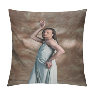 Personality  Stylish Nonbinary Person In Dress Posing With Closed Eyes On Abstract Background  Pillow Covers