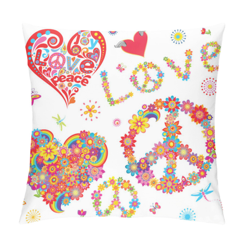 Personality  Set of peace flower symbol and floral hearts pillow covers