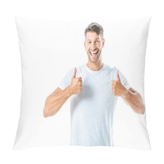 Personality  Cheerful And Handsome Man Showing Thumbs Up Isolated On White  Pillow Covers