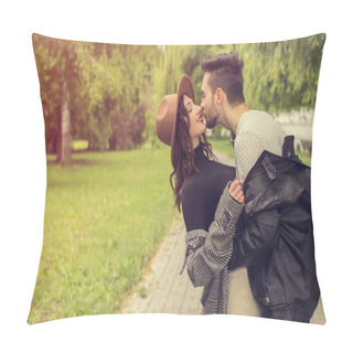 Personality  Horizontal Close Up Shot Of Togetherness Couple. Trendy Man And Woman Standing On The Street And Kissing. Image Of Flirting Heterosexual Glamour Young Adults. Pillow Covers