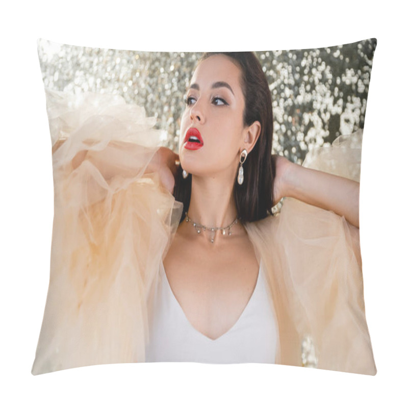 Personality  young woman with red lips posing in elegant chiffon dress and looking away on shiny background pillow covers