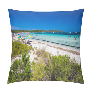 Personality  CALA BRANDINCHI, SARDINIA - August 2017 - Cala Brandinchi Beach With Isola Travolara In The Background, Red Stones And Azure Clear Water, Sardinia, Italy. Pillow Covers