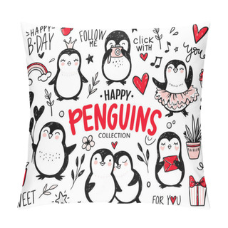 Personality  Doodle Penguins, Hand Drawn Set Of Funny Animals. Vector Penguin Character In Sketch Style. Pillow Covers