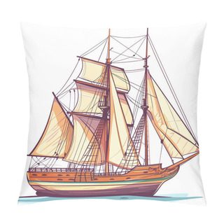 Personality  Sailboat Illustration, Detailed Old Sailing Ship Drawing, Beige Sails, Sea Vessel Graphic. Nautical Theme Artwork, Isolated White Background, Tall Ship Illustration, Maritime Transport. Vintage Pillow Covers