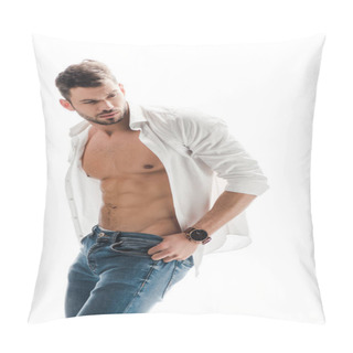 Personality  Sexy Muscular Man In White Shirt And Jeans Isolated On White Pillow Covers