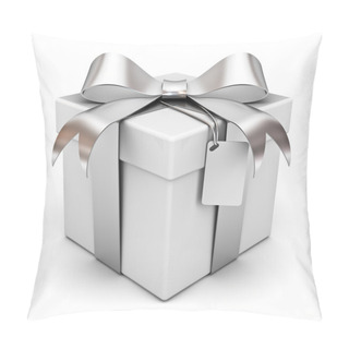 Personality  Gift Box With Silver Ribbon Bow And Blank Tag Isolated Over White Background Pillow Covers