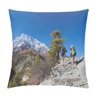 Personality  Two Trekkers Running On The Road Against Annapurna Pillow Covers