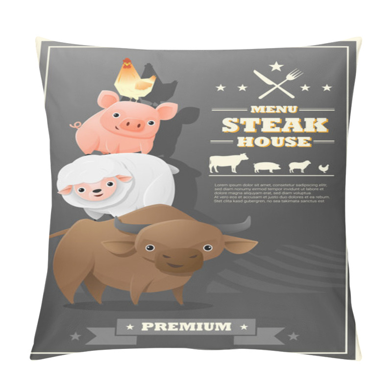 Personality  Menu steak house with farm animals , vector , illustration pillow covers