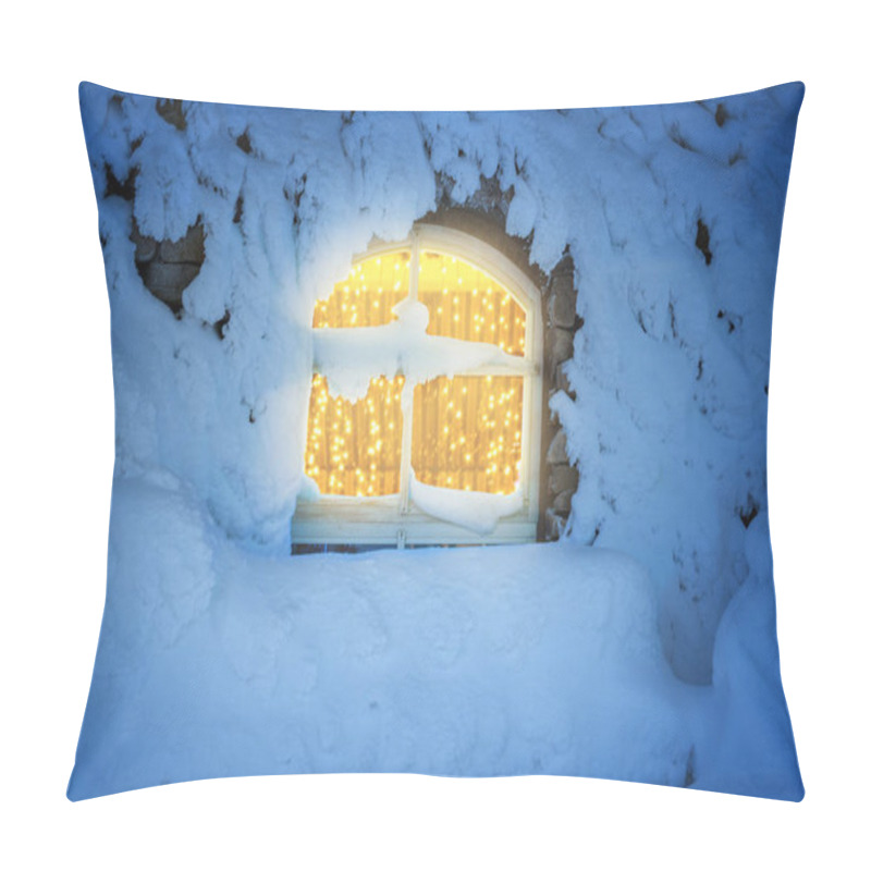 Personality   Light decoration in the window in a cold, snowy winter night pillow covers