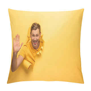 Personality  Happy Handsome Man In Yellow Outfit In Yellow Paper Hole Giving High Five Pillow Covers