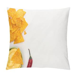 Personality  Top View Of Corn Nachos With Chili And Cheese Sauce On Wooden Cutting Board On White Background Pillow Covers