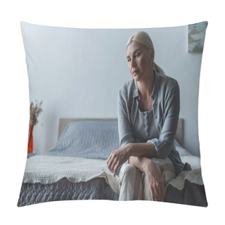 Personality  Upset Blonde Woman With Menopause Sitting On Bed At Home Pillow Covers