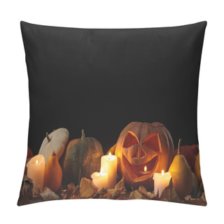Personality  Dry Foliage, Burning Candles And Halloween Carved Pumpkin On Wooden Rustic Table Isolated On Black Pillow Covers