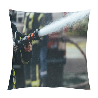 Personality  Partial View Of Firefighter With Water Hose Extinguishing Fire On Street Pillow Covers