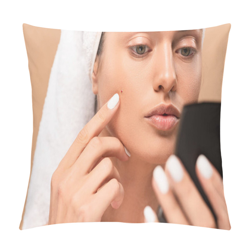 Personality  selective focus of woman touching face with pimple and looking at mirror isolated on beige  pillow covers