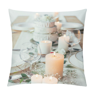 Personality  Close Up View Of Stylish Table Setting With Candles, Empty Wineglasses And Plates For Rustic Wedding Pillow Covers
