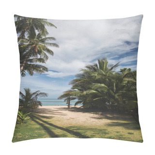 Personality  Palm Trees On Tropical Beach With Blue Ocean On Background Pillow Covers
