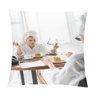 Personality  Shocked Stylish Woman In Bathrobe And Jewelry With Towel On Head Holding Fork And Sunglasses And Staring At Friend During Breakfast Pillow Covers
